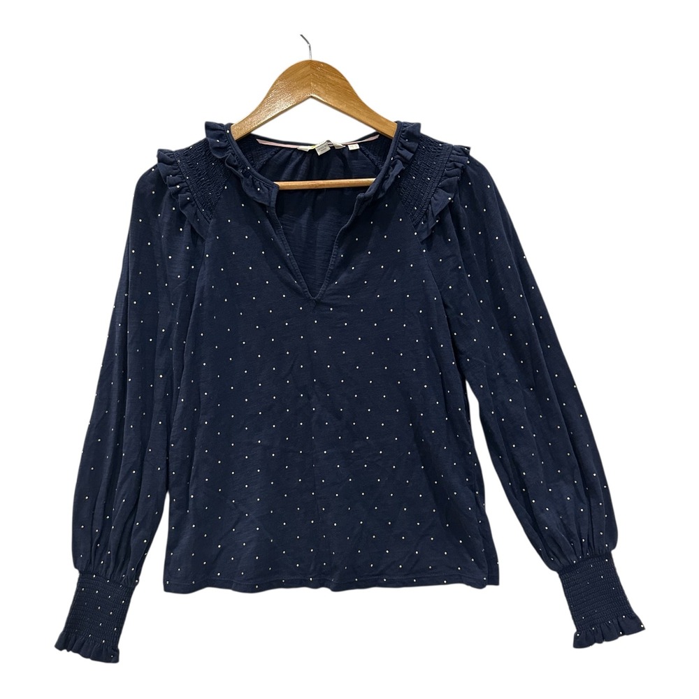 Boden Navy Blue Gold Polka Dot Smocked Ruffle Neck Cotton Top US 2